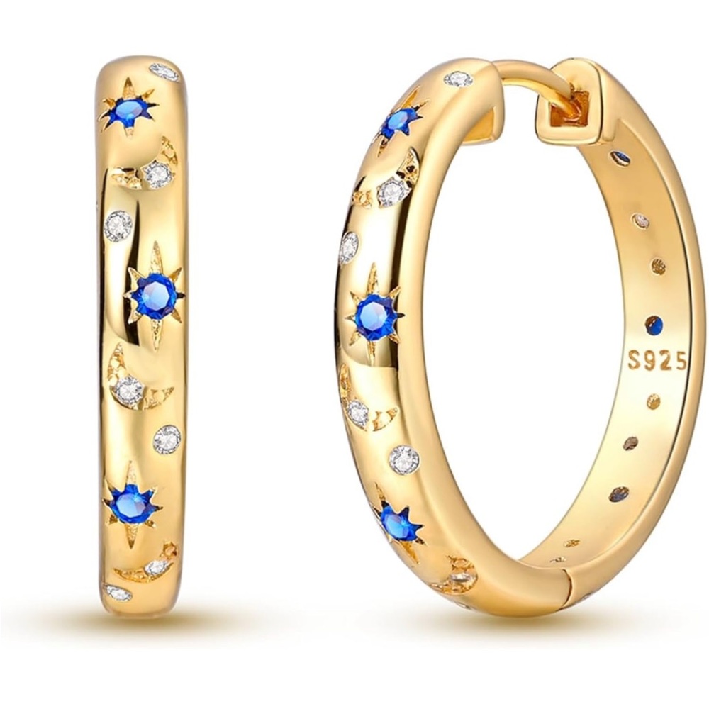 Gold plated blue stones hoop earrings